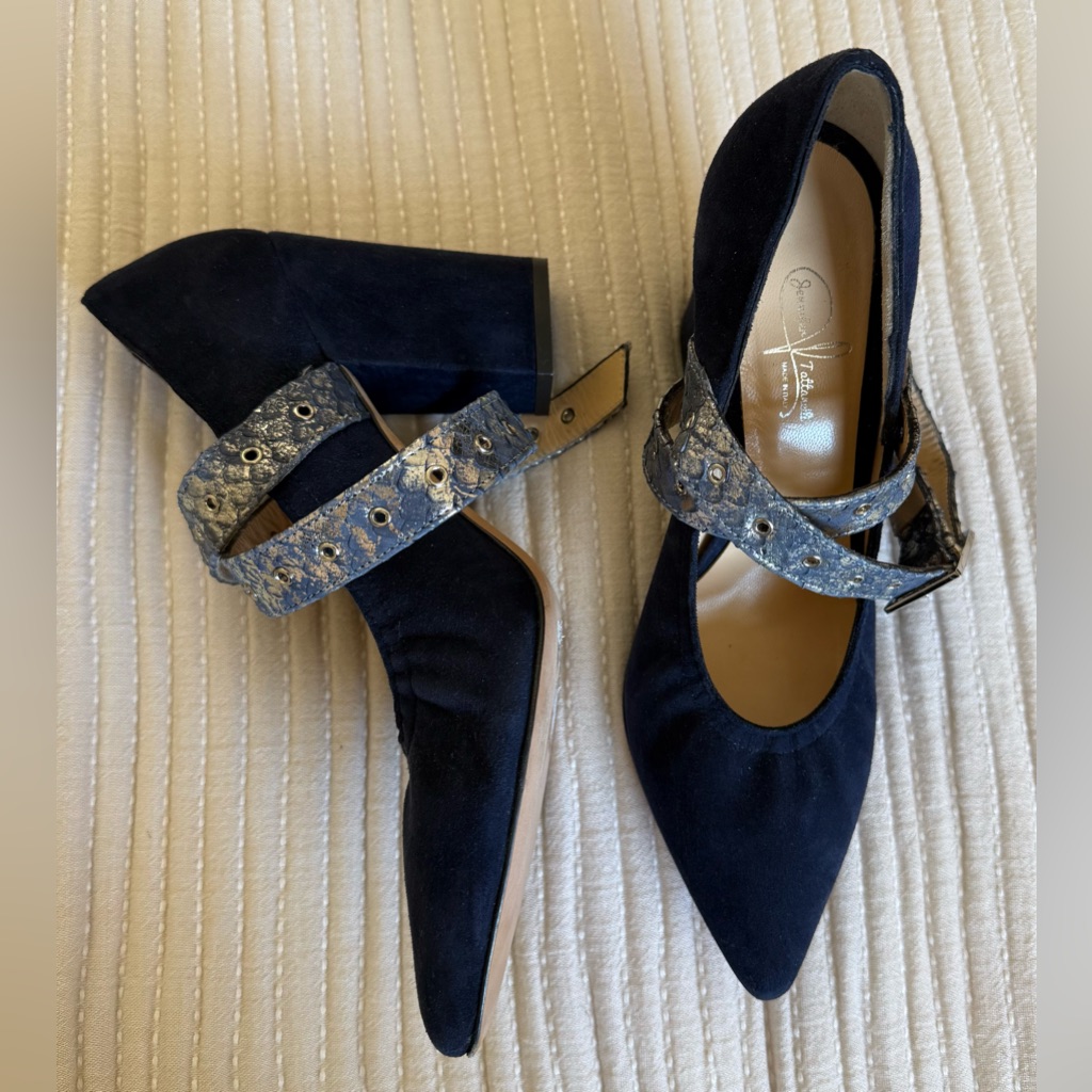 Jennifer Tattanelli Pointed Toe High Heel Crisscross Strap Blue Suede Sz 37.5